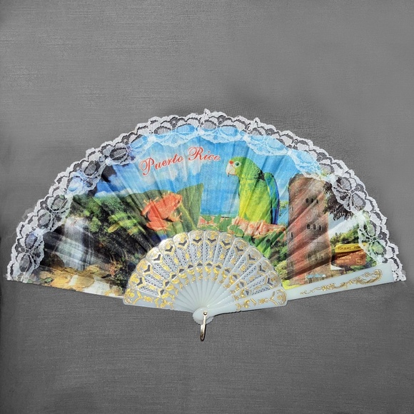 Vintage Floral "Puerto Rico" Lace-Edged Fan - Picture 1 of 6